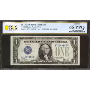 $1 1928-B blue seal. Small Silver Certificates 1602