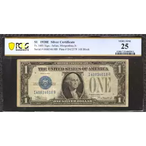 $1 1928-E blue seal. Small Silver Certificates 1605