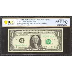 $1 1969-D. Green seal. Small Size $1 Federal Reserve Notes 1907-C