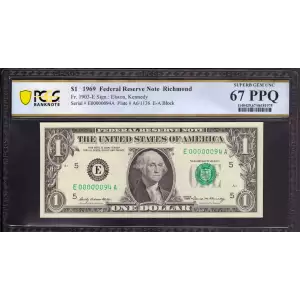 $1 1969 Green seal. Small Size $1 Federal Reserve Notes 1903-E