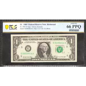 $1 1969 Green seal. Small Size $1 Federal Reserve Notes 1903-E