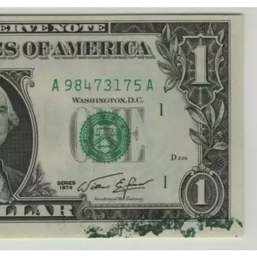 $1 1974 Green seal. Small Size $1 Federal Reserve Notes 1908-A