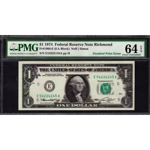 $1 1974 Green seal. Small Size $1 Federal Reserve Notes 1908-E