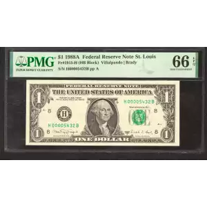 $1 1988-A. Green seal. Small Size $1 Federal Reserve Notes 1915-H