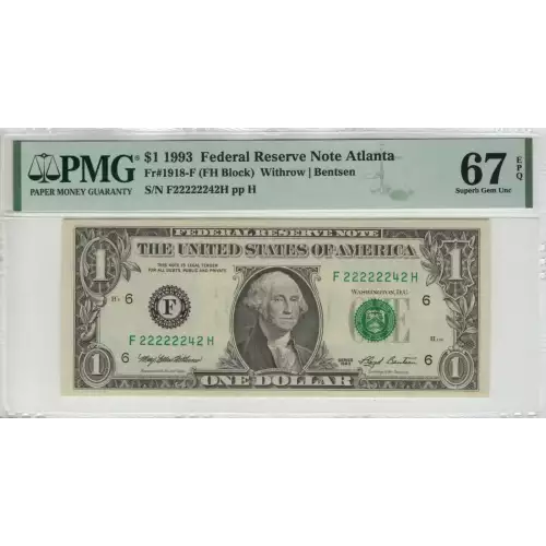 $1 1993 Green seal. Small Size $1 Federal Reserve Notes 1918-F