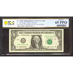 $1 1993 Green seal. Small Size $1 Federal Reserve Notes 1919-H