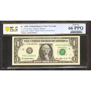 $1 1993 Green seal. Small Size $1 Federal Reserve Notes 1919-H