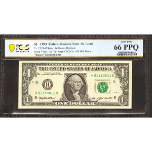 $1 1993 Green seal. Small Size $1 Federal Reserve Notes 1919-H