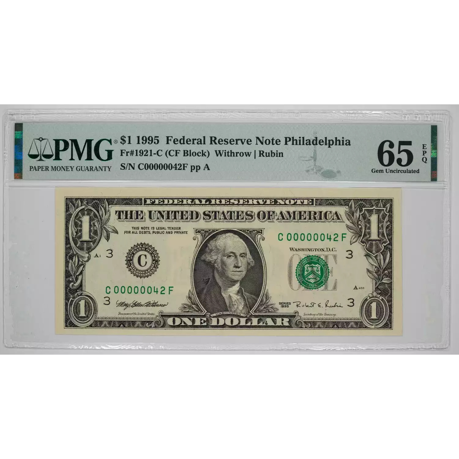 $1 1995 Green seal. Small Size $1 Federal Reserve Notes 1921-C