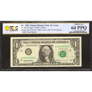 $1 1995 Green seal. Small Size $1 Federal Reserve Notes 1922-H