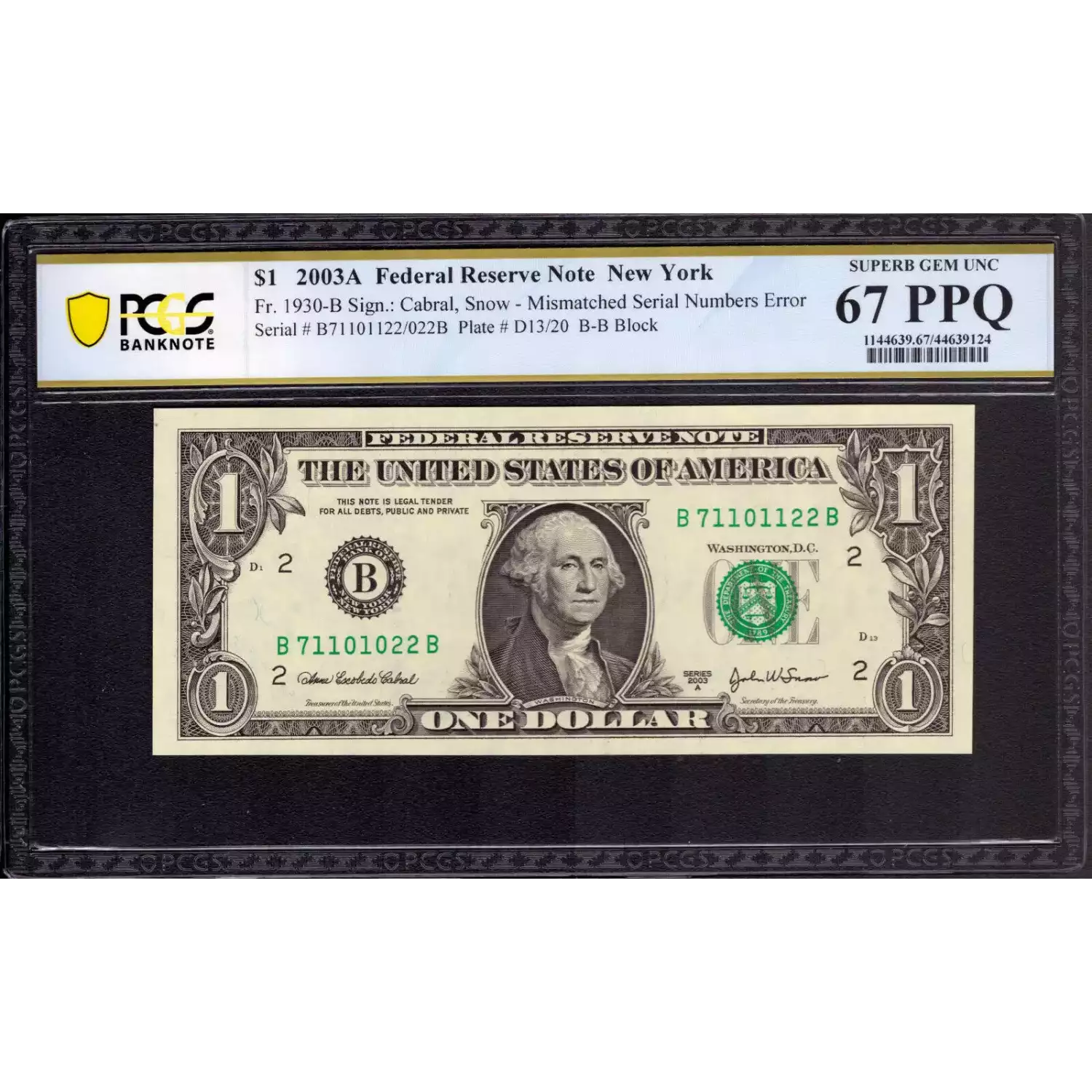 $1 2003-A. Green seal. Small Size $1 Federal Reserve Notes 1930-B