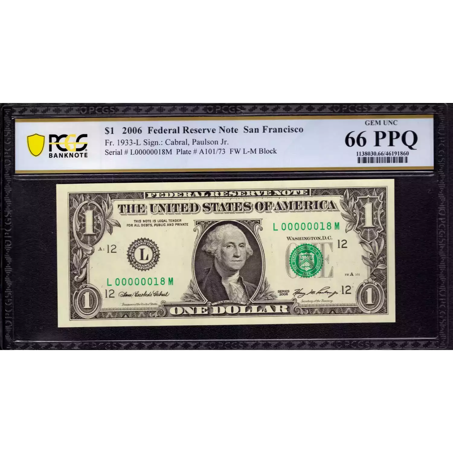 $1 2006 Green seal. Small Size $1 Federal Reserve Notes 1933-L