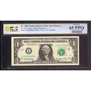 $1 2006 Green seal. Small Size $1 Federal Reserve Notes 1933-L