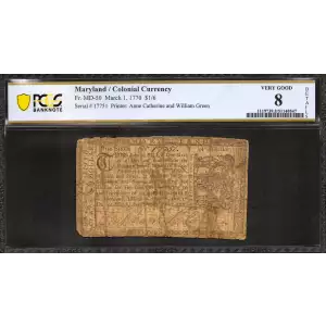 $1? 6 (9d) March 1, 1770 COLONIAL CURRENCY MD-50