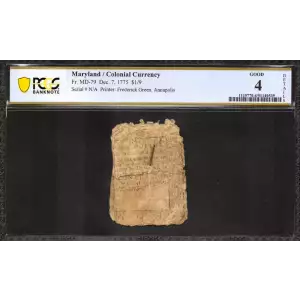 $1? 9 (6d) December 7, 1775 COLONIAL CURRENCY MD-79