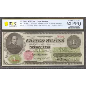 $1 Series 1-166 at top ABNCo monogram at center-right edge Green patent date at right Type 1 over left serial number; Red Seal Legal Tender Issues 17a