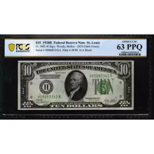 $10 1928-B. Exists with both light and dark Green seals Small Size $10 Federal Reserve Notes 2002-H