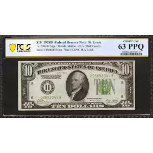 $10 1928-B. Exists with both light and dark Green seals Small Size $10 Federal Reserve Notes 2002-H