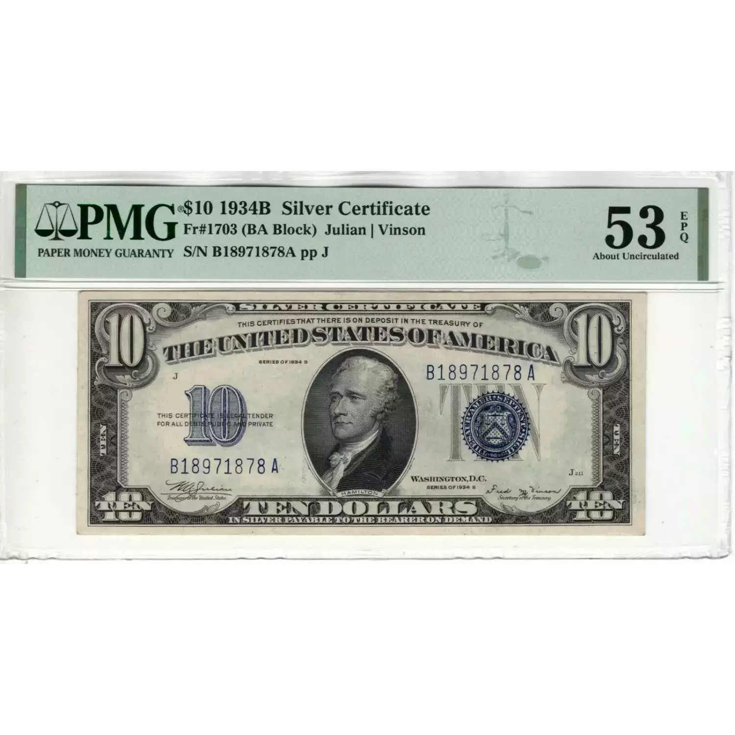 $10 1934-B blue seal. Small Silver Certificates 1703