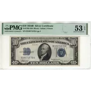 $10 1934-B blue seal. Small Silver Certificates 1703