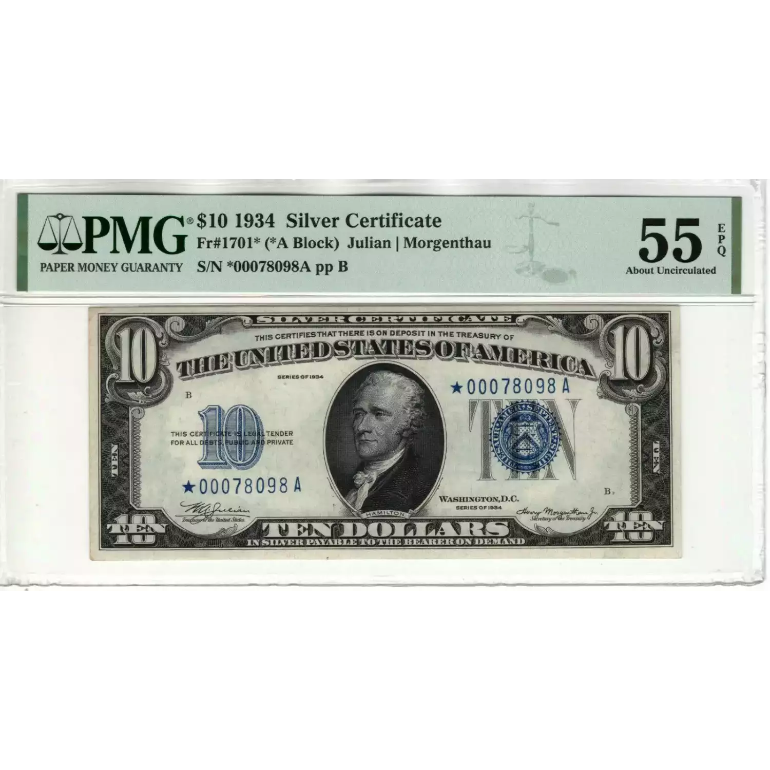$10 1934 blue seal. Small Silver Certificates 1701*