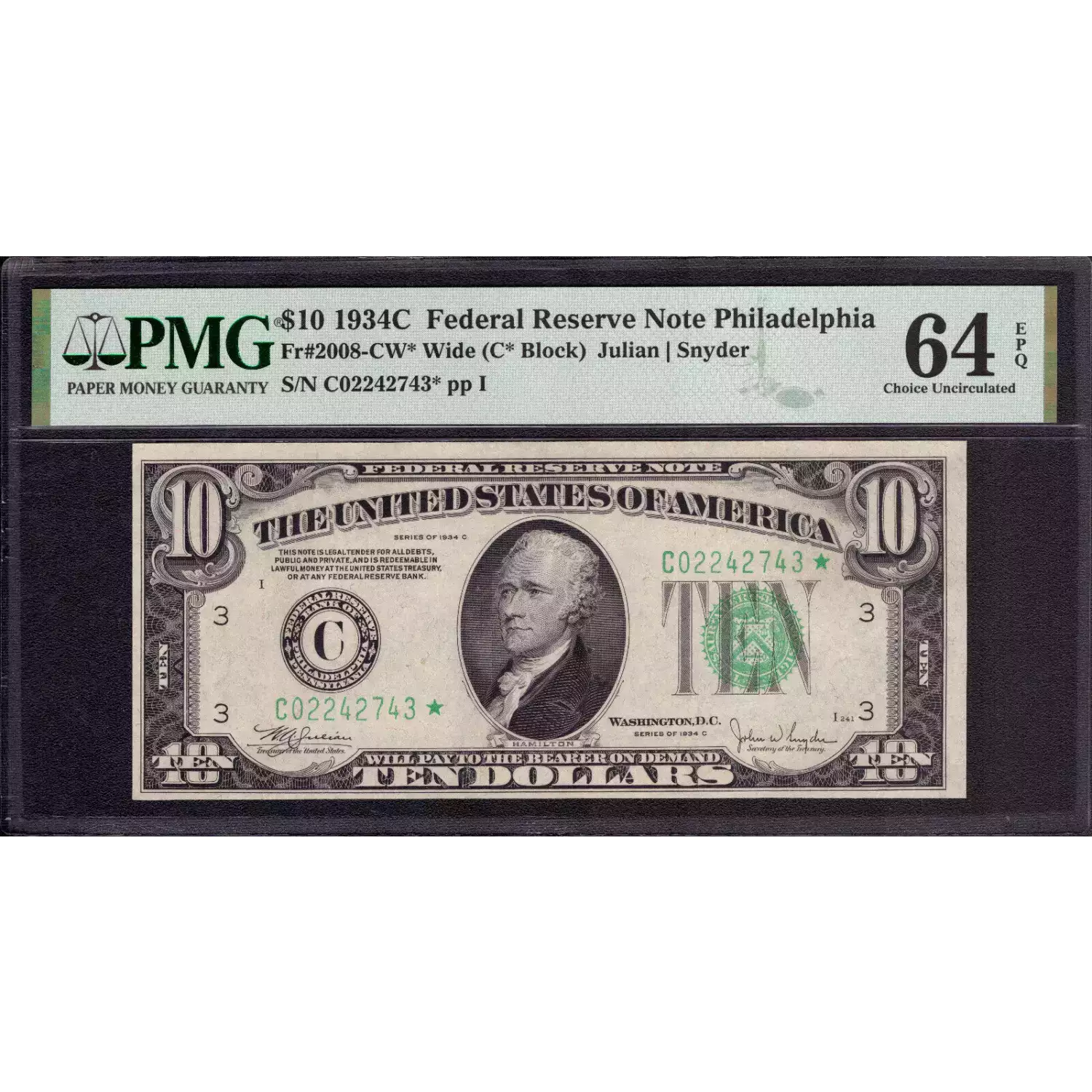 $10 1934-C.  Small Size $10 Federal Reserve Notes 2008-C*