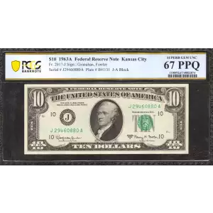 $10 1963-A.  Small Size $10 Federal Reserve Notes 2017-J