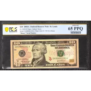 $10 2004-A. Treasury seal. Small Size $10 Federal Reserve Notes 2039-H