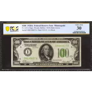 $100 1928-A.  Small Size $100 Federal Reserve Notes 2151-I