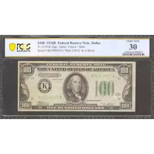 $100 1934-B.  Small Size $100 Federal Reserve Notes 2154-K