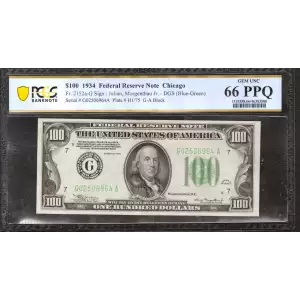 $100 1934 blue-Green seal. Small Size $100 Federal Reserve Notes 2152a-G