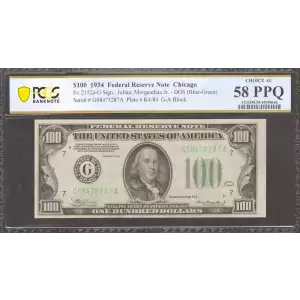 $100 1934 blue-Green seal. Small Size $100 Federal Reserve Notes 2152a-G