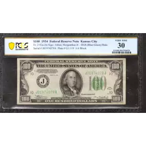 $100 1934 blue-Green seal. Small Size $100 Federal Reserve Notes 2152a-Jm