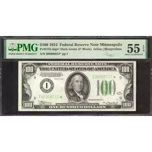 $100 1934 light Green seal. Small Size $100 Federal Reserve Notes 2152-I*