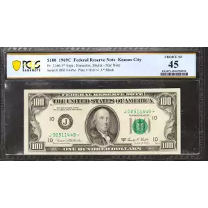 $100 1969-C. Treasury seal. Small Size $100 Federal Reserve Notes 2166-J*