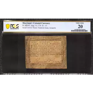 $11? 3 (6s) August 14, 1776  COLONIAL CURRENCY MD-97