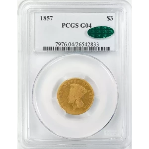 1857 THREE DOLLAR GOLD PIECE $3 PCGS & CAC CERTIFIED G 04 GOOD (833) (3)