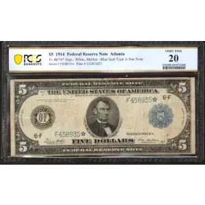 1914 $5 FEDERAL RESERVE STAR NOTE ATLANTA FR.867A*