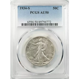 1934 S WALKING LIBERTY HALF DOLLAR 50C PCGS CERTIFIED AU 50 ABOUT UNC (772) (4)