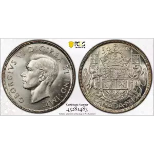 1945 CANADA SILVER FIFTY CENTS 50C NARROW DATE PCGS MS 63 MINT STATE UNC (483)