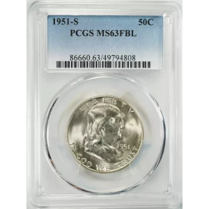 1951 S FRANKLIN HALF DOLLAR 50C PCGS MS 63 FBL MINT UNC FULL BELL LINES (808) (3)