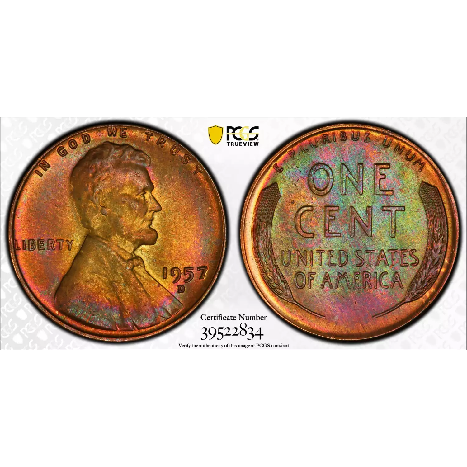 1957-DENVER PCGS MS-65 RB Small Cents Lincoln, Wheat Ears Reverse