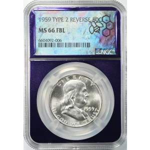 1959 FRANKLIN HALF DOLLAR 50C TYPE 2 REV NGC MS 66 FBL UNC FULL BELL LINES (006) (5)