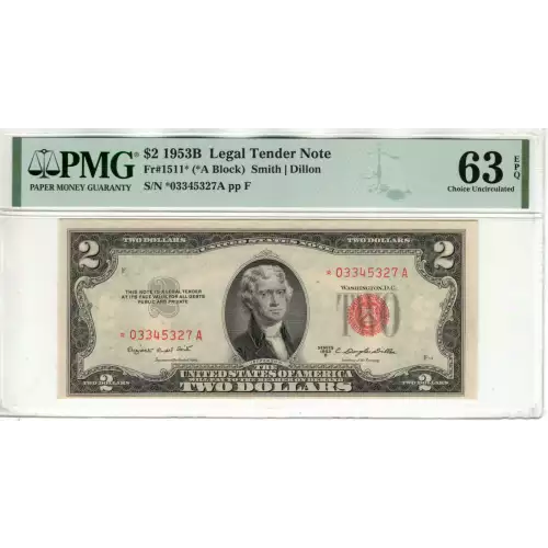 $2 1953-B red seal. Small Legal Tender Notes 1511*