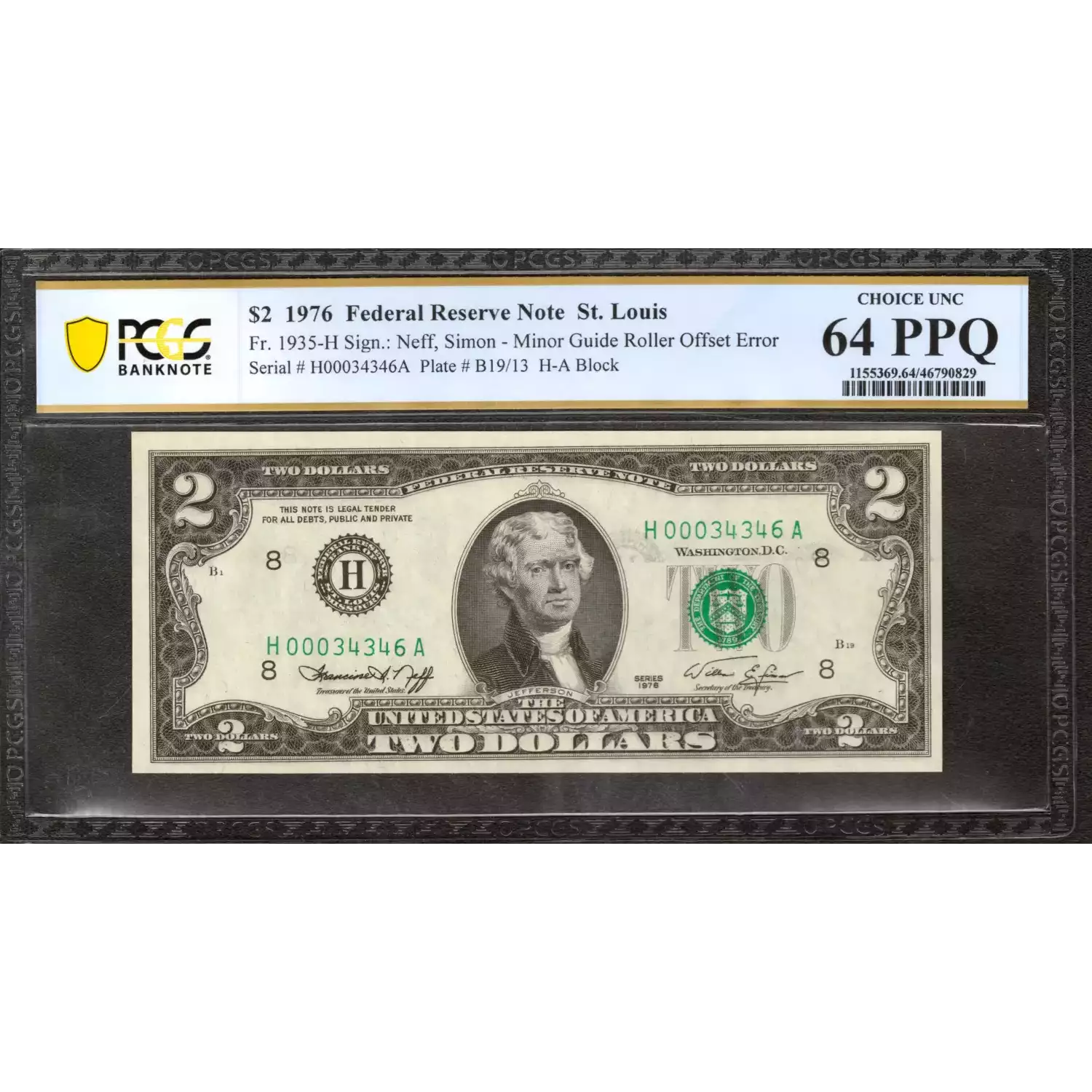 $2 1976 Green seal Small Size $2 Federal Reserve Notes 1935-H
