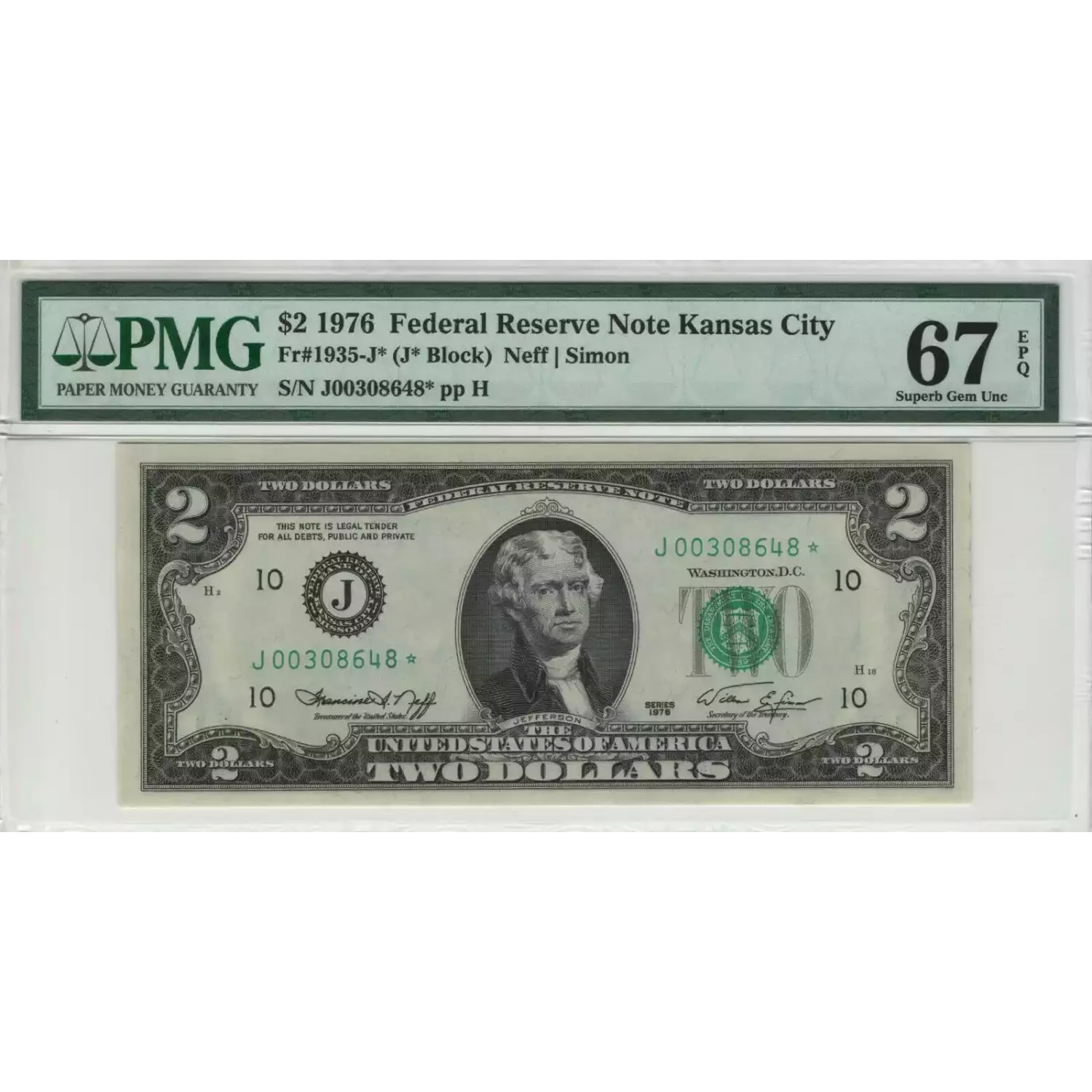 $2 1976 Green seal Small Size $2 Federal Reserve Notes 1935-J*