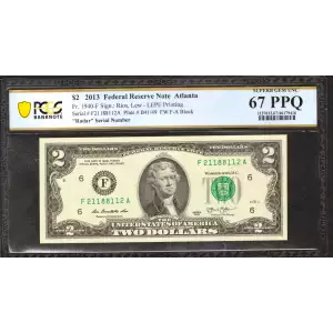 $2 2013 Green seal Small Size $2 Federal Reserve Notes 1940-F