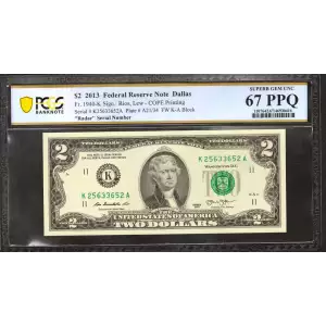 $2 2013 Green seal Small Size $2 Federal Reserve Notes 1940-K