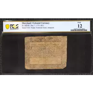 $2? 3 (3s) December 7, 1775  COLONIAL CURRENCY MD-83