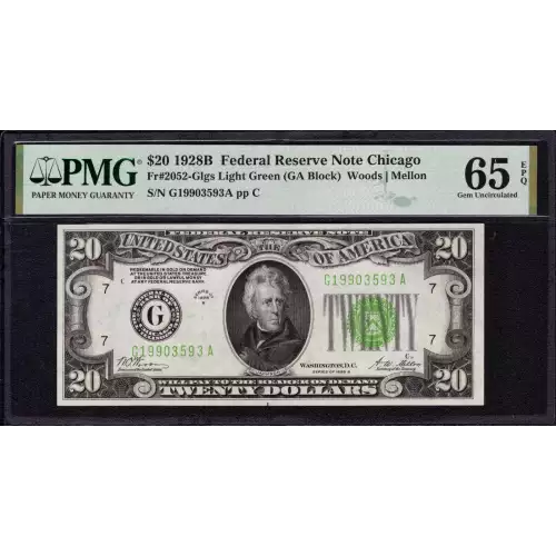 $20 1928-B. Green seal. Small Size $20 Federal Reserve Notes 2052-G